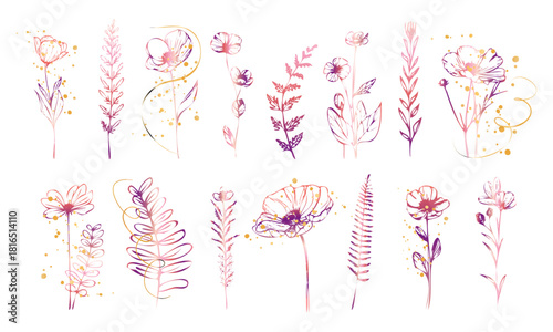 Botanical floral line art composition featuring stylized blossoms, natural stems and refined plant elements arranged in an elegant minimal nature illustration.