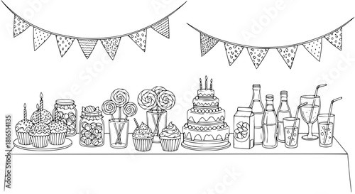 Party table with cupcakes, sweets, drinks, and bunting flags, black and white vector, neat doodle style, isolated elements