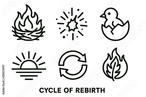 Rebirth Icons. Cycle of Rebirth linear icon set. burning nest, ember spark, new hatchling, sunrise, renewal symbol, feather in flame