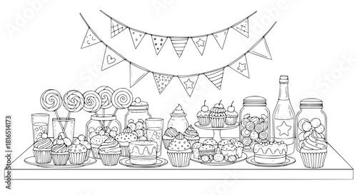 Party table with cupcakes, sweets, drinks, and bunting flags, black and white vector, neat doodle style, isolated elements