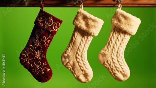 Festive Christmas Stockings Hanging on a Wooden Mantelpiece.