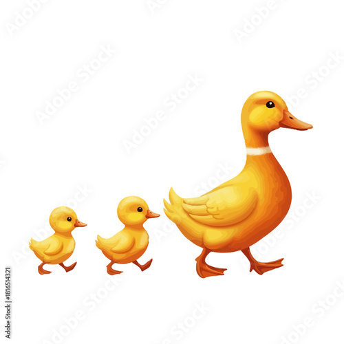 Duck family walking together in a line, yellow color.