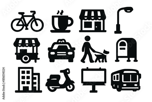 Urban Icons Extravaganza. City Street Life silhouette icon set. bicycle, coffee cup, storefront, streetlight, food cart, taxi, dog walker, mailbox, building, scooter, billboard