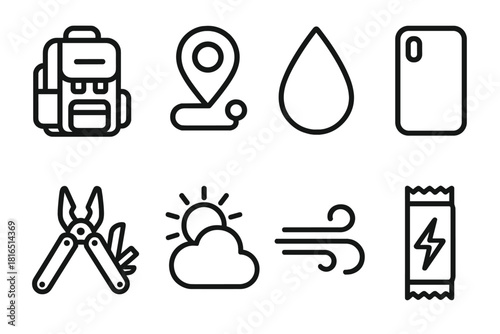 Essential Travel Icons. On-the-Go Competence linear icon set: organized bag, route pointer, hydration droplet, protective case, multitool shape, weather icon, calm wind curve