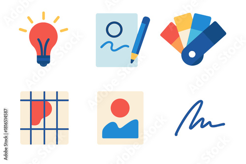 Creative Process Icons. Creative Process Set flat icon set: idea spark, rough sketch, color swatch, composition grid, finished piece, signature mark