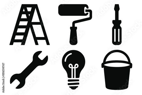 Brutalist Renovation Icons. Weekend Renovation silhouette icon set: ladder, paint roller, screwdriver, wrench, light bulb, bucket