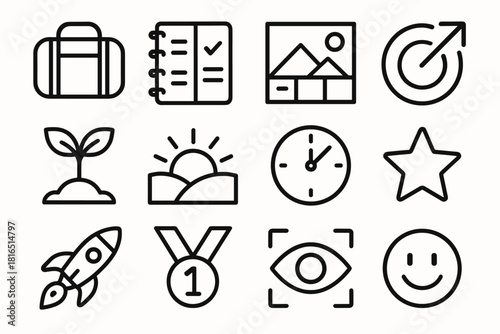 Goals and Growth Icons. Resolutions and Growth linear icon set: gym bag, planner, vision board, goal arrow, plant sprout, sunrise over hills, clock, star, rocket, medal, focus eye