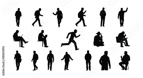 Collection of black silhouettes depicting various human poses and activities