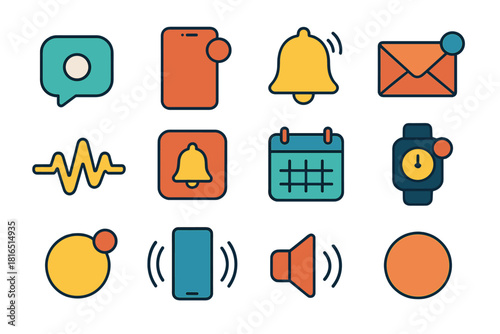 Notification Icon Set. Notification Beep set flat icons set. chat bubble, smartphone, bell, badge icon, mail envelope, tone wave, app alert, calendar reminder, smartwatch, blinking