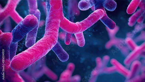 A close-up view of brightly colored cellular structures against a gradient blue background