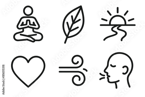 Yoga Icons Outdoors. Mindful Movement Outdoors linear icon set. yoga pose, leaf, sunrise, path, heart, breath swirl