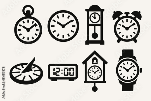 Bold Clock Icons. Classic Clock Faces silhouette icon set. pocket watch, wall clock, grandfather clock, alarm clock, sundial, digital clock, cuckoo clock, wristwatch