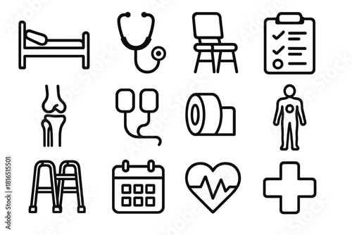 Physical Therapy Icons. Clinical Physical Therapy linear icon set: hospital bed, stethoscope, therapy chair, clipboard, joint marker, electrotherapy pads, bandage roll, body