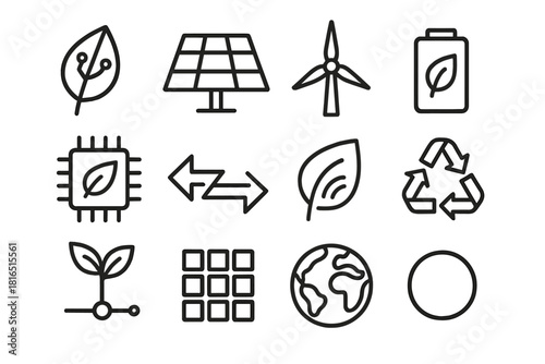 Ecological Tech Icon Set. Ecological Technology Elements Set linear icon set: leaf circuit, solar panel, wind turbine, eco battery, green chip, energy flow line, smart leaf