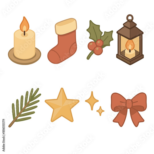 Cozy Mantle Icons. Cozy mantle flat icon set : candlelight, stocking, holly sprig, lantern, pine branch, star, sparkle, bow
