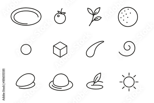 Minimalist Dessert Icons. Minimalist Dessert Art linear icon set: clean plate line, single berry, micro herb, delicate sugar dust, small sauce dot, geometric shape, soft curve