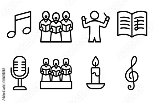 Choir Icons in Harmony. Choir Singing linear icon set. music notes, microphone, choir group, conductor, sheet music, stage, candle, harmony symbol