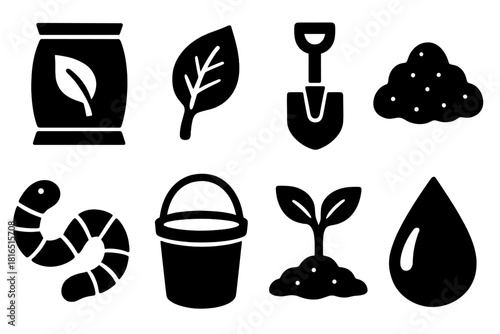 Organic Icons Collection. Organic Fertilizers silhouette icon set. compost bag, leaf, shovel, soil, worm, bucket, sprout, droplet.