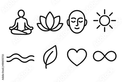 Mind-Body Harmony Icons. Mind-Body Harmony linear icon set. yoga pose, lotus flower, calm face, wave line, leaf, sun, heart, infinity loop