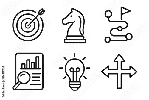 Strategic Icons Collection. Business Strategy Set linear icon set: target icon, chess piece, roadmap, analysis sheet, insight bulb, direction arrow