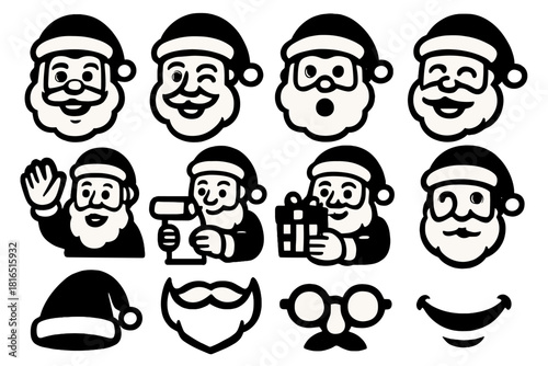 Santa Icon Collection. Santa Expressions silhouette icon set: happy Santa, winking Santa, surprised Santa, laughing Santa, waving Santa, Santa with list, Santa with gift, Santa