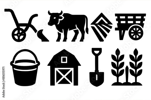 Traditional Farming Icons. Traditional Farming silhouette icon set. plow, ox, field, cart, bucket, barn, shovel, crops.