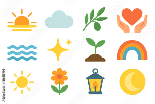 Symbols of Renewal. Peace and Renewal flat icons set. sunrise horizon, soft cloud, olive branch, heart in hands, calm water, starlight, seed sprouting, rainbow arc, gentle sun