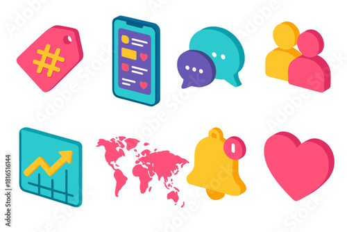 Isometric Social Media Icons. Community Hashtag Trends flat icons set. hashtag tag, mobile feed, chat icons, people silhouettes, uptrend graph, world map, notification bell, heart