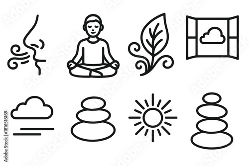 Mindful Breathing Icons. Mindful Airflow linear icon set. nose, airflow path, calm posture, leaf swirl, open window, sky cloud, balanced stones, sunbeam
