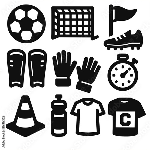 Soccer Equipment Icons. Soccer Equipment Set silhouette icon set: soccer ball, goal net, corner flag, cleats, shin guards, goalie gloves, whistle, stopwatch, training cone, water