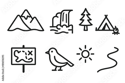 National Park Icons. National Park Scenery linear icon set: mountain, waterfall, pine tree, campsite, map sign, bird, sun, trail