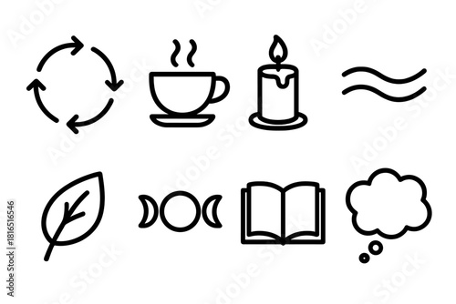 Mindful Icons Collection. Mindful Routine linear icon set: breathing circle, tea cup, candle, calm wave, leaf, moon phase, book, thought bubble