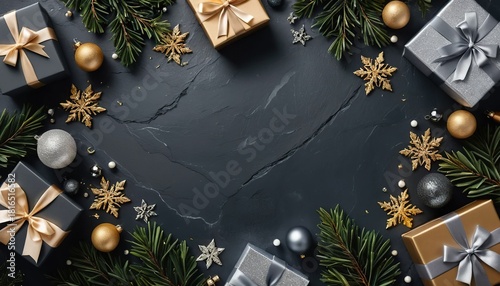 Luxury christmas flat lay with elegant gold and silver gifts on a dark slate background with copy space, a modern holiday frame