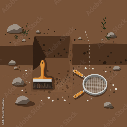 An archaeological dig site with tools like a brush and sieve, revealing layers of soil and rocks.