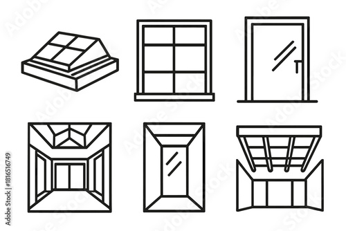 Architectural Icons Display. Architectural Features linear icon set. skylight, large window, glass door, atrium, light shaft, open ceiling