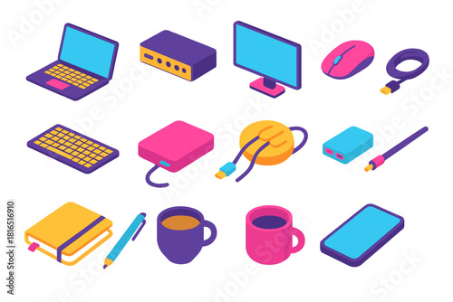 Modern Work Essentials. Work Essentials flat icons set. laptop, docking station, monitor, wireless mouse, keyboard, external drive, cable organizer, USB hub, notebook, pen, coffee