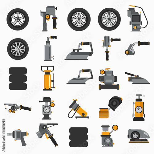 A comprehensive set of flat design icons for tire service and auto repair.