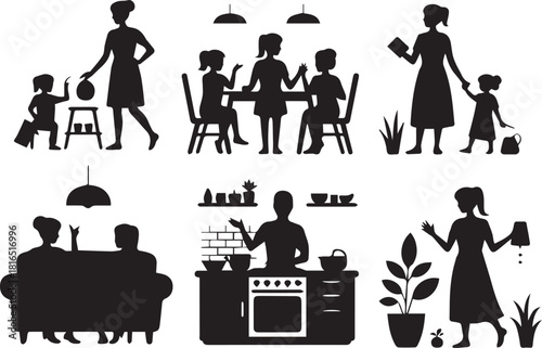 Family silhouettes with cooking cleaning eating reading and sitting at home