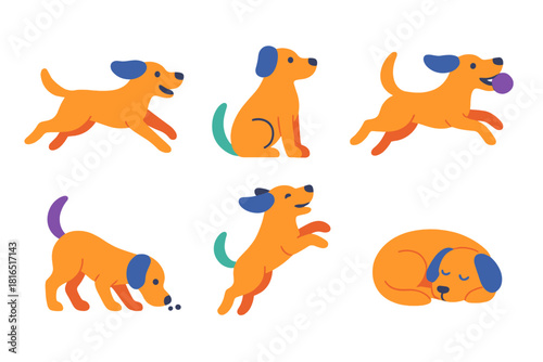 Modern Dog Activity Icons. Dog Activities Set flat icon set: running dog, sitting dog, fetching dog, sniffing dog, jumping dog, sleeping dog