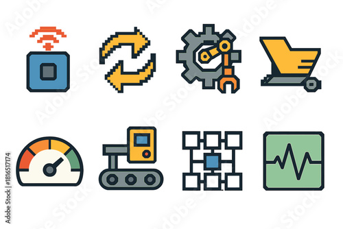 Smart Assembly Icons. Smart Assembly Systems pixel style icon set: IoT node, data sync arrow, automated gear, component feeder, efficiency gauge, smart conveyor, workflow grid