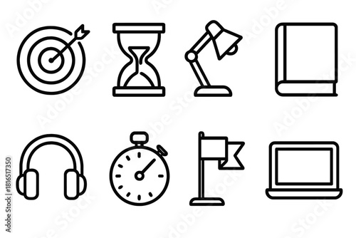 Focus Icon Set. Focus Habits linear icon set: target, hourglass, desk lamp, book, headphones, stopwatch, goal flag, laptop