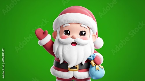 Festive Santa Claus Waving Hand on Green Background.