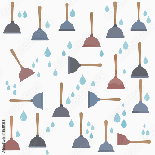 Seamless pattern of colorful toilet plungers and blue water drops on a white background.