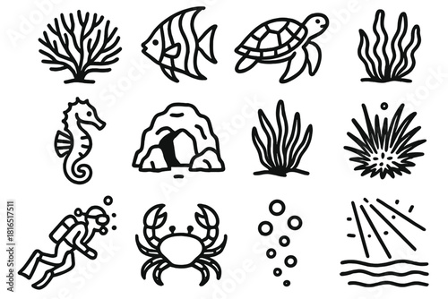 Underwater Icon Array. Underwater Ecosystem linear icon set: coral fan, angelfish, sea turtle, seahorse, reef cave, algae, sea urchin, diver, crab, bubbles, sunlight rays, ocean