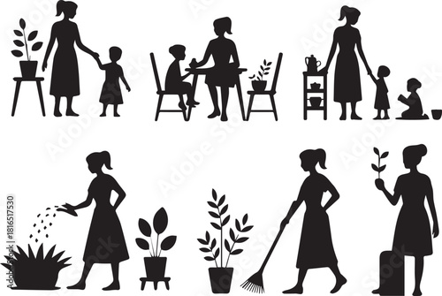 Set of family silhouettes with gardening plants reading and playing at home