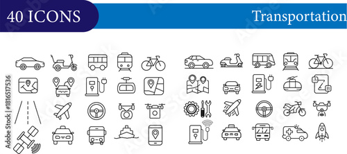 40 Transportation Outline Icons – Modern Line Style Mobility Vector Set
