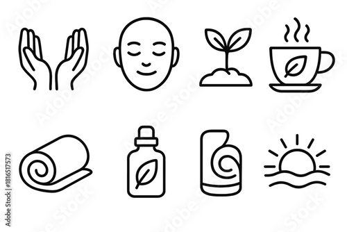 Wellness Icons Collection. Recovery & Wellness linear icon set. open hands, calm face, herbal tea, plant sprout, towel roll, essential oil bottle, soft wave, sunrise