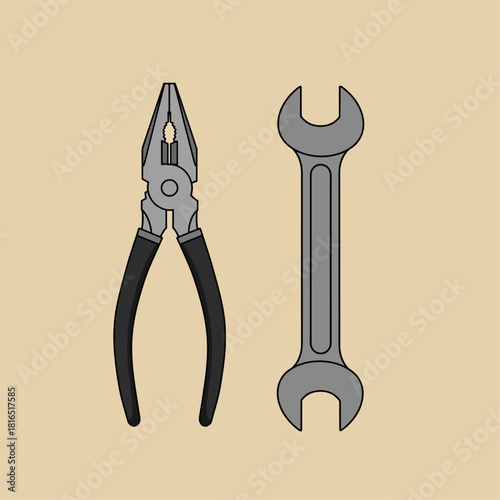 An illustration of a pair of pliers and a double-ended wrench side by side on a beige background.
