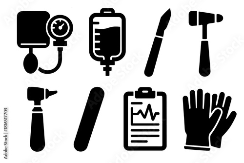 Bold Medical Icons. Medical tools silhouette icon set: blood pressure cuff, IV bag, scalpel, reflex hammer, otoscope, tongue depressor, clipboard chart, gloves