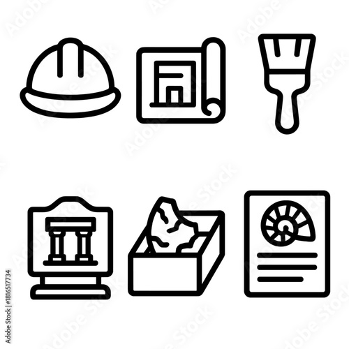 Preservation Icon Set. Preservation Efforts linear icon set. hard hat, blueprint, brush, museum label, artifact box, documentation sheet